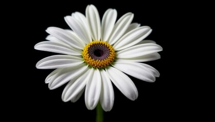 Delicate White Daisy Bloom with Yellow Center Against Black Background