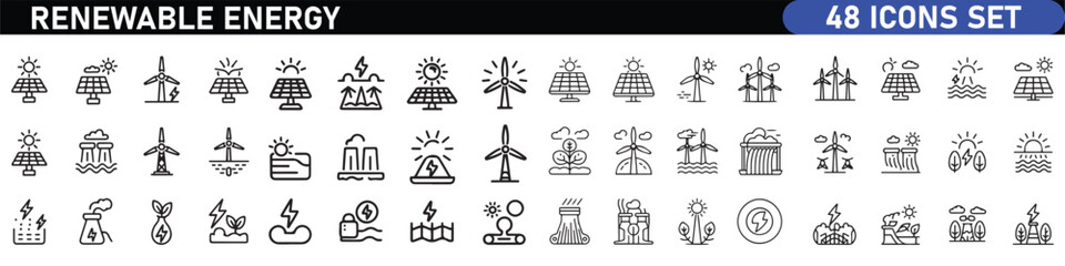 Renewable Energy Line black Icon Set. A dynamic collection of icons showcasing sustainable energy solutions, perfect for environmental projects, educational materials, and green technology
