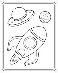 Cute rocket in space suitable for children's coloring page vector illustration