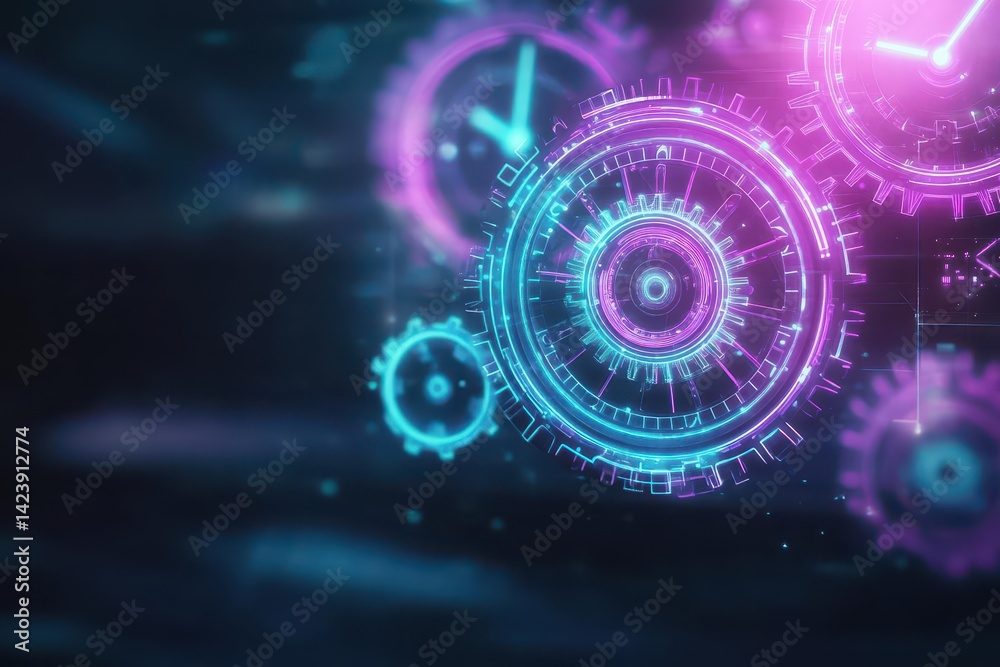 Poster Intricate Clock Design Featuring Luminescent Gears Exuding an Enigmatic Aura in a Darkened Setting Creating a Captivating and Mysterious Atmosphere
