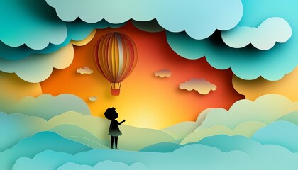 Girl watching hot air balloon sunset, paper art style.