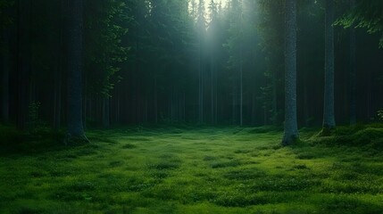 Obraz premium Verdant forest floor bathed in ethereal morning light.