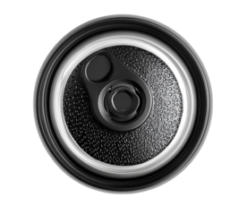  Close-up of the top view of a soft drink can with a black rubber knurled rim, isolated on Png Format and Transparent Background