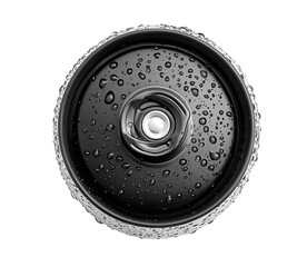 Obraz premium Close-up of the top view of a soft drink can with a black rubber knurled rim, isolated on Png Format and Transparent Background