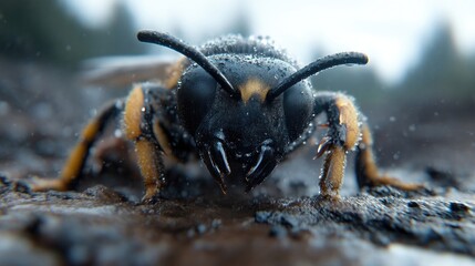 Close-up of a wasp on a textured surface.  Delicate details of the insect's body, antennae, and eyes are visible. Water droplets cling to the insect's exoskeleton