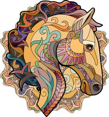 Zentangle horse head with mandala. Hand drawn decorative vector illustration.