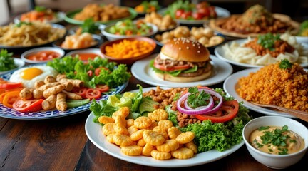 Delicious assortment of food, A vibrant spread of diverse dishes, featuring burgers, salads, and various side dishes, showcasing a feast of colors and textures.