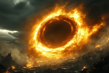 Fiery Ring Over Ruined Landscape