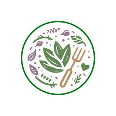 illustration of a fork and various types of leaves, suitable for vegetarian food logos