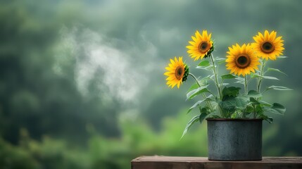Vibrant Pot Filled with Bright Yellow Sunflowers Surrounded by Lush Green Foliage Creating a Cheerful and Warm Atmosphere in a Sunny Garden Setting