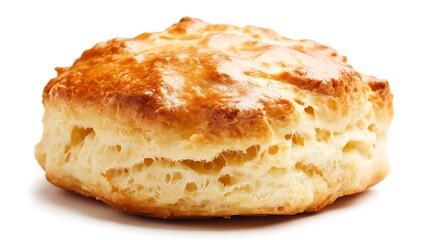 single fluffy buttery biscuit isolated on a white background perfect for food styling, bakery treats, and savory biscuit visuals