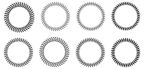  Set black silhouette circular laurel  wreaths, and branches with leaves. Hand drawing laurel wreaths and branches collection. vector illustration.