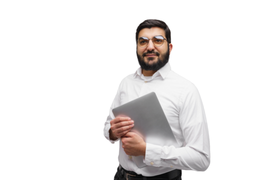 Confident Professional With Glasses Holding a Tablet in a Bright Space Ready for Collaboration