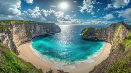 Nusa Penida's Kelingking Beach Turquoise waters, white sand, dramatic cliffs, sunny sky.  Travel brochure