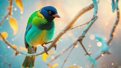 Colorful tanager bird perched on branch in soft light artistic capture