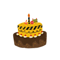 cute birthday cake with candles in construction site digger heavy machine truck theme crayon watercolour kids doodle illustration design clipart cutout sticker png transparent
