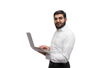 Engaging Professional Holding Laptop While Posing Confidently in a Bright, Minimalist Workspace Setting