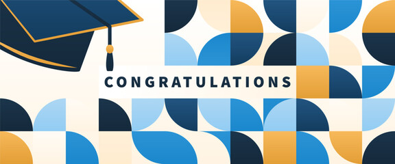 Congratulations graduates vector illustration. Congrats class of 2025. Graduation party, invitation grad ceremony graphic design template with geometric pattern, text, graduation cap