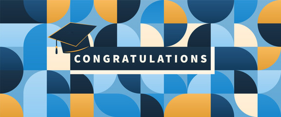 Congratulations graduates vector illustration. Congrats class of 2025. Graduation party, invitation grad ceremony graphic design template with geometric pattern, text, graduation cap.