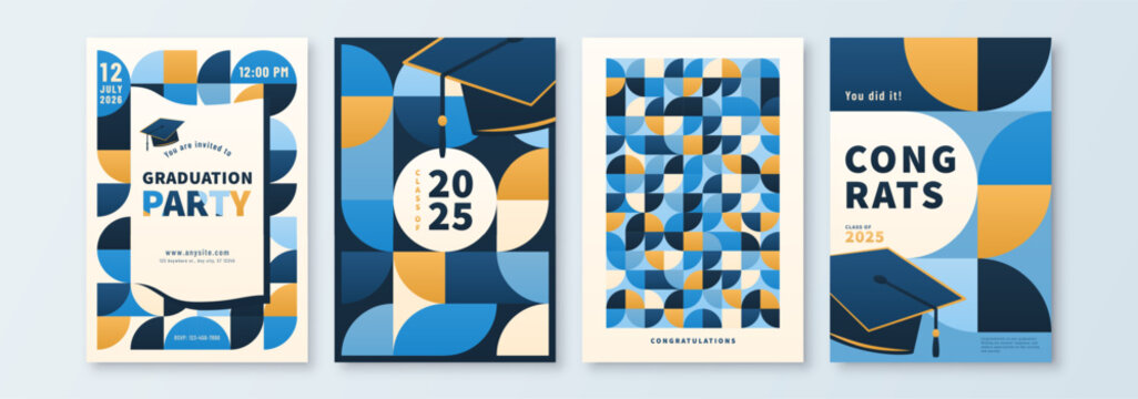 Graduate vector illustration set. Congratulations graduates class of 2025. Graduation party, congrats, invitation grad ceremony graphic design concept with geometric pattern, text, graduation cap