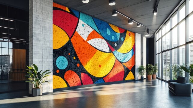 large wall mockup for branding and mural advertising, this wall is colorful with abstract painting and warm feeling