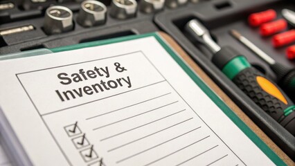 Naklejka premium equipment checklist inventory safety Concept. Safety checklist on a workbench with tools and inventory items visible.