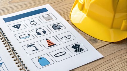 equipment checklist inventory safety Concept. Construction safety checklist with a yellow hard hat on a wooden surface.