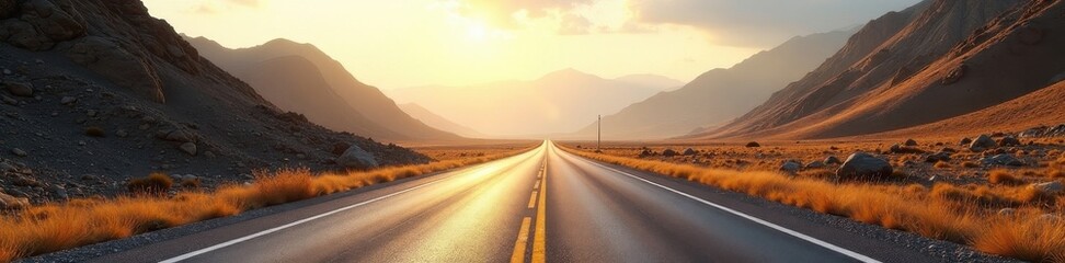 Sunlit empty asphalt road cuts through rugged mountain range , sunlight, range