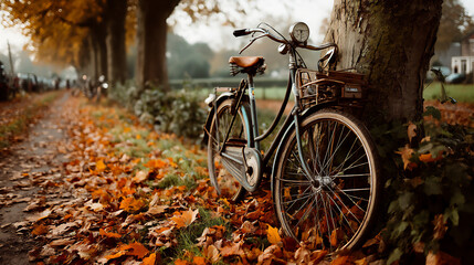 Fototapeta premium empty bicycle leaning against a tree with fall leaves (autumn),