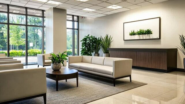 Modern office lobby with elegant seating and greenery