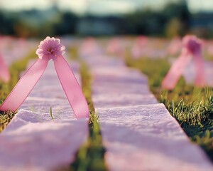 Pink ribbons and paper stand in the grass field outdoors