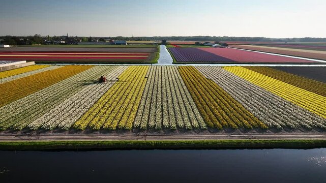 Aerial footage of tractor with a fertilizer or pesticide sprayer driving through rows of blooming daffodils and tulips fields in spring. Flower cultivation in the Dutch countryside during springtime.
