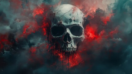 skull emerges from cloud of red and dark smoke in an eerie and mystical horror scene