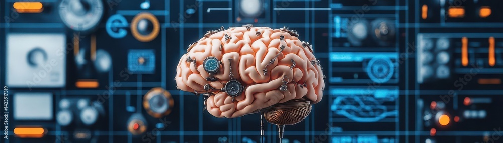 Poster intricate brain model displayed with computer device on top symbolizing the intersection of neurosci