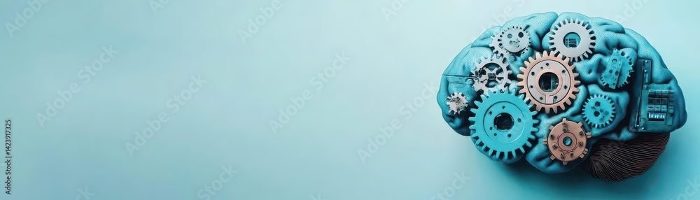 Poster intricate blue brain with interlocking gears symbolizing intelligence and creativity in a futuristic