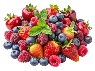 assorted berries including strawberries raspberries and blueberries isolated on White Background PNG