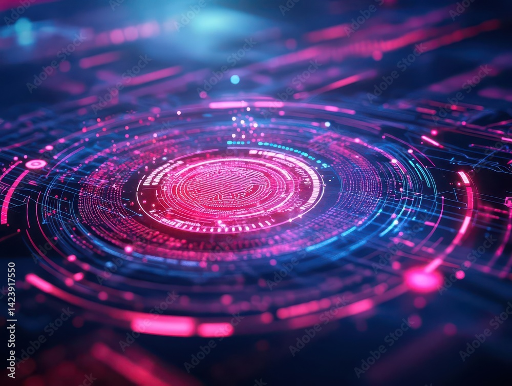 Poster futuristic technology background featuring intricate circular shapes with vibrant colors and dynamic
