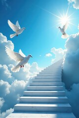 Three white doves soar near celestial stairs ascending into a bright blue sky , artwork, stairs