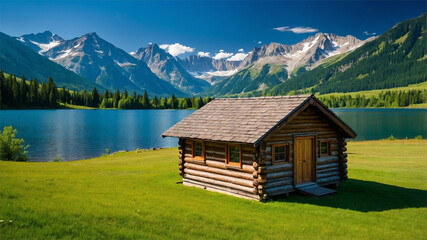 Rustic Cabin by a Lake Under Mountain Peaks and Clear Blue Sky