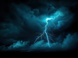 Fototapeta premium Dramatic Lightning Bolt Illuminating Dark Stormy Sky Overhead with Striking Contrast Creating an Intense and Powerful Atmospheric Scene