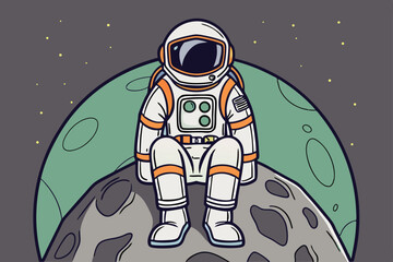 Astronaut Sitting on the Moon Peaceful Space Illustration with Starry Sky