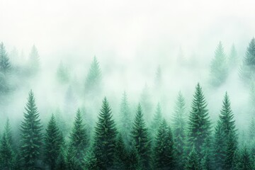 Fototapeta premium Mysterious Forest Shrouded in Soft Fog with Towering Trees Creating an Enigmatic Atmosphere Inviting Exploration into Nature's Embrace