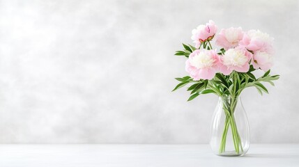 Fototapeta premium A bouquet of delicate pink and white peonies in a clear glass vase against a light gray textured background.