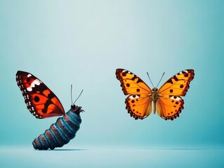 Obraz premium Two Colorful Butterflies Interacting on a Green Leaf in a Vibrant Garden Setting Capturing the Beauty and Delicacy of Nature's Creatures