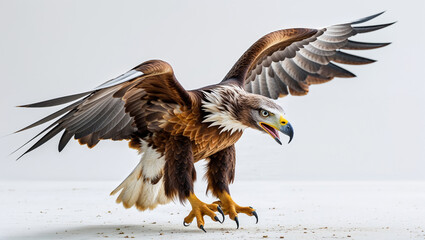 Fototapeta premium Majestic golden eagle spreading wings preparing to land against a white background