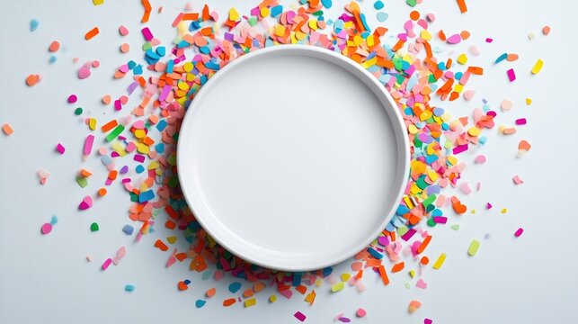Empty white plate surrounded by colorful confetti, creating a festive and celebratory visual.