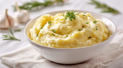 Creamy homemade mashed potatoes with fresh herbs in white bowl on table