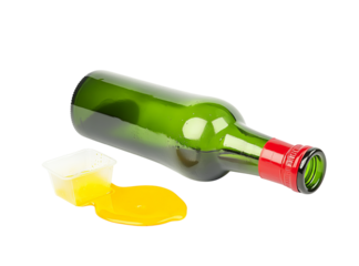 A green beer bottle lying on its side, a red plastic cap next to it with yellow liquid spilling out of the top of the cap, all isolated-on Png Format and Transparent Background