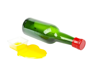A green beer bottle lying on its side, a red plastic cap next to it with yellow liquid spilling out of the top of the cap, all isolated-on Png Format and Transparent Background