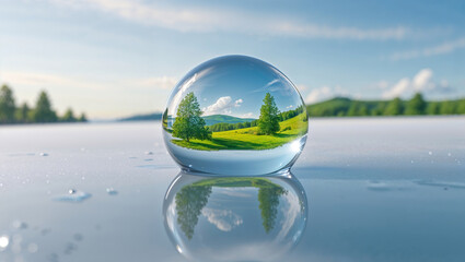Nature reflected green landscape in a crystal ball serene scenery